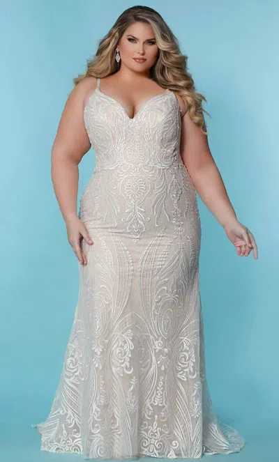 Sydney's Closet Sleeveless Embroidered Wedding Dress In Ivory/nude In Multi