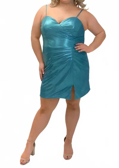 Sydney's Closet Spaghetti Strap Pleated Cocktail Dress - Plus In Teal Blue