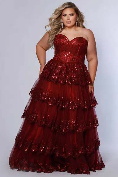 Sydney's Closet Strapless Beaded Prom Dress In Burgundy In Red