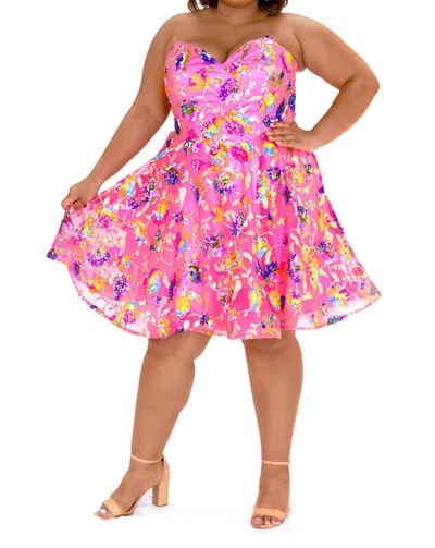 Sydney's Closet Strapless Printed A-line Dress In Bubblegum In Pink