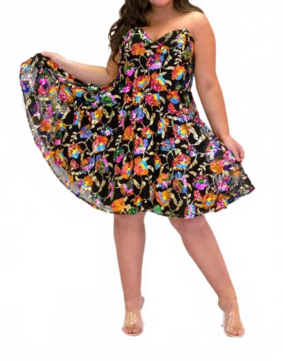 Sydney's Closet Strapless Printed A-line Dress In Onyx In Black