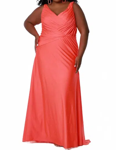 Sydney's Closet Stretch Lycra Ruched Gown In Fluorescent Orange In Red