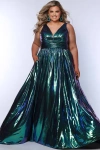 Sydney's Closet Bra-friendly V-neckline Plus Size A-line Formal Gown In Peacock