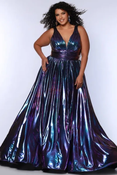 Sydney's Closet Bra-friendly V-neckline Plus Size A-line Formal Gown In Prism