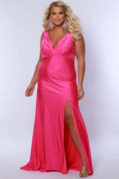Sydney's Closet Fitted Empire Waist V-neck Plus Size Gown In Fuchsia