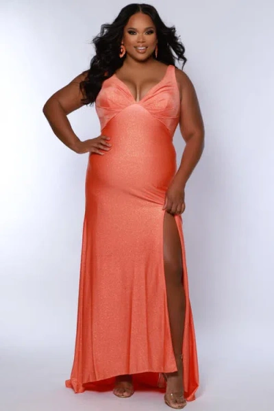 Sydney's Closet Fitted Empire Waist V-neck Plus Size Gown In Tangerine