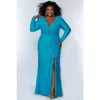 Sydney's Closet Fitted Long Sleeve V-neck Ruched Plus Size Gown In Blue Attitude