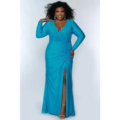 Sydney's Closet Fitted Long Sleeve V-neck Ruched Plus Size Gown In Blue Attitude