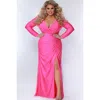 Sydney's Closet Fitted Long Sleeve V-neck Ruched Plus Size Gown In Hot Pink