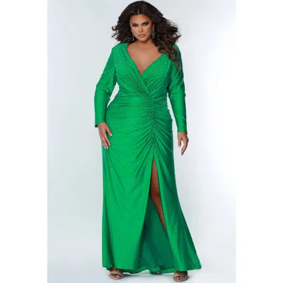 Sydney's Closet Fitted Long Sleeve V-neck Ruched Plus Size Gown In Screamin' Green