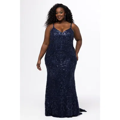 Sydney's Closet Fitted Stretch Sequin Formal Dress In Navy