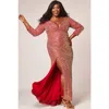 Sydney's Closet Fitted V-neck Multi-dimensional Sequin Long Sleeve Plus Size Gown In Firecracker Red