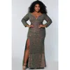 Sydney's Closet Fitted V-neck Multi-dimensional Sequin Long Sleeve Plus Size Gown In Green Surge