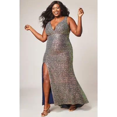 Sydney's Closet Fitted V-neck Multi-dimensional Sequin Sleeveless Plus Size Gown In Blue Blitz