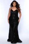 Sydney's Closet Fitted V-neck Spaghetti Strap Plus Size Evening Gown In Onyx