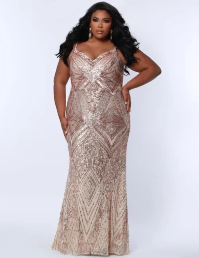 Sydney's Closet Fitted V-neck Spaghetti Strap Plus Size Evening Gown In Rose Gold