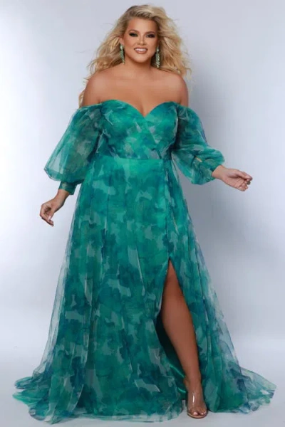 Sydney's Closet Floral Strapless Sweetheart Neckline Plus Size A-line Gown In Green Floral