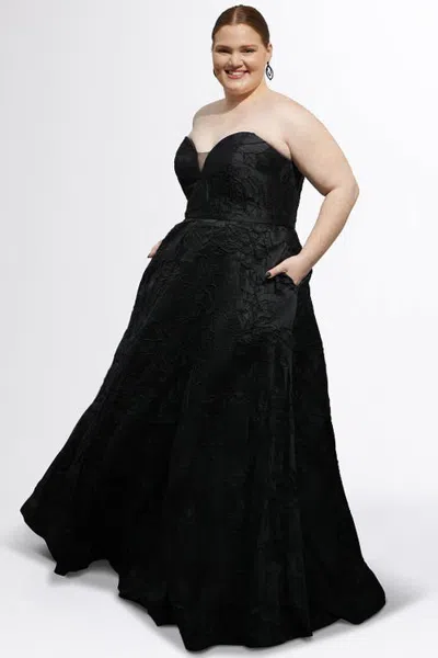 Sydney's Closet Jacquard Curvy A-line Strapless Formal Dress In Black