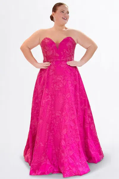 Sydney's Closet Jacquard Curvy A-line Strapless Formal Dress In Fuchsia