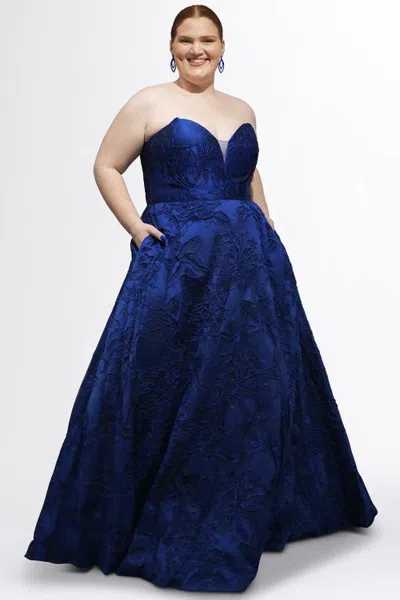 Sydney's Closet Jacquard Curvy A-line Strapless Formal Dress In Midnight Blue