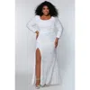 Sydney's Closet Long Sleeve Fitted Scoop Neck Sequin Plus Size Gown In Pearlescent
