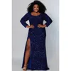 Sydney's Closet Long Sleeve Fitted Scoop Neck Sequin Plus Size Gown In Sapphire