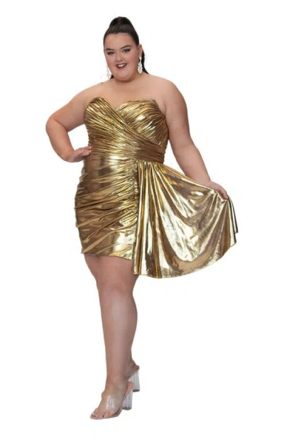 Sydney's Closet Metallic Strapless Short Party Dress With Drape Flyaway In Gold