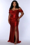 Sydney's Closet Off The Shoulder Fitted Plus Size Evening Gown In Burgundy