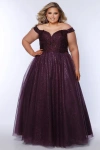 Sydney's Closet Off The Shoulder V-neckline Plus Size Ballgown In Plum