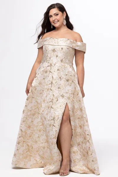 Sydney's Closet Off-the-shoulder Brocade Plus Size Formal Dress With Slit In Gold Floral