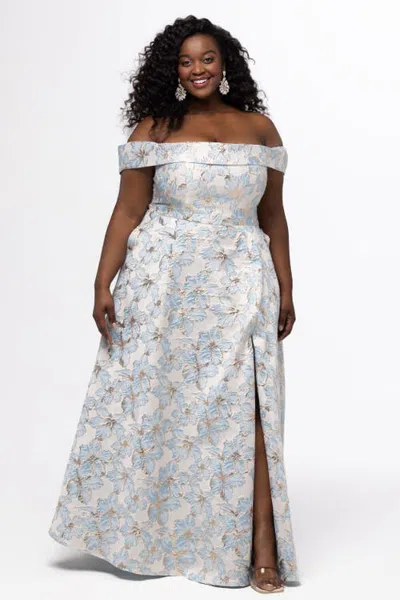 Sydney's Closet Off-the-shoulder Brocade Plus Size Formal Dress With Slit In Light Blue Floral