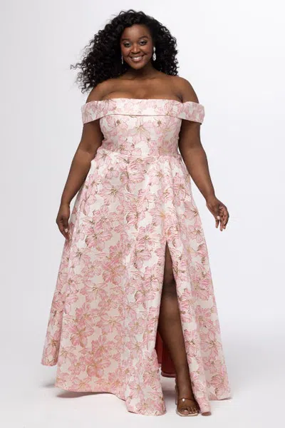Sydney's Closet Off-the-shoulder Brocade Plus Size Formal Dress With Slit In Light Pink Floral