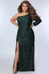 Sydney's Closet One-shoulder Long Sleeve Sequin Plus Size Gown In Hunter