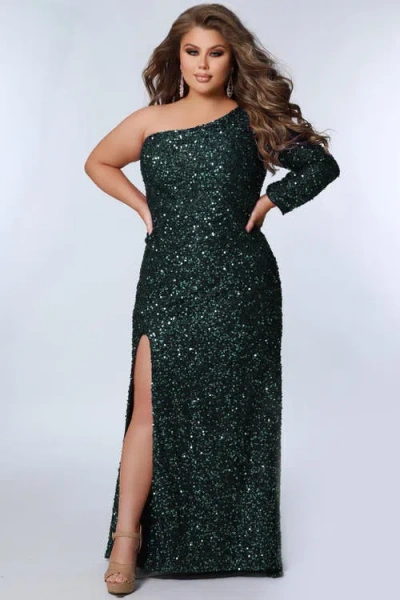 Sydney's Closet One-shoulder Long Sleeve Sequin Plus Size Gown In Hunter