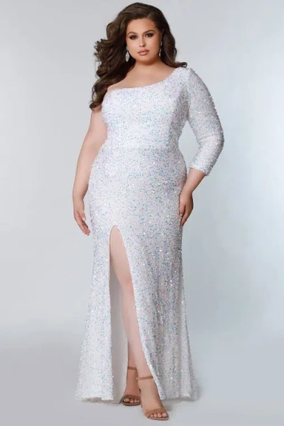 Sydney's Closet One-shoulder Long Sleeve Sequin Plus Size Gown In Pearlescent