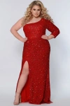Sydney's Closet One-shoulder Long Sleeve Sequin Plus Size Gown In Ruby