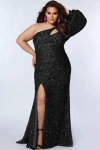 Sydney's Closet One-shoulder Pouf Sleeve Sequin Plus Size Evening Gown In Onyx