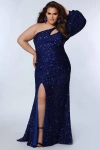 Sydney's Closet One-shoulder Pouf Sleeve Sequin Plus Size Evening Gown In Sapphire