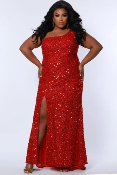Sydney's Closet One-shoulder Sequin Plus Size Evening Gown In Ruby