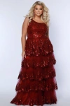 Sydney's Closet One-shoulder Tiered Plus Size A-line Gown In Burgundy