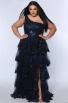Sydney's Closet One-shoulder Tiered Plus Size A-line Gown In Navy