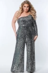 Sydney's Closet One Shoulder Wide Leg Plus Size Jumpsuit In Platinum
