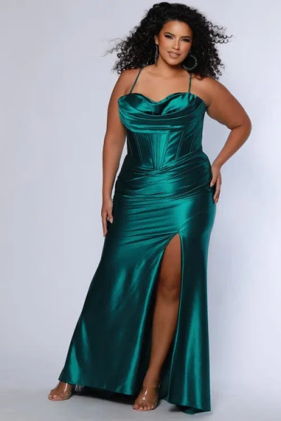 Sydney's Closet Pleated Draped Sweetheart Neckline Slim Fitted Plus Size Gown In Hunter