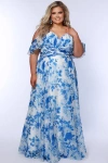 Sydney's Closet Pleated Floral V-neckline Slim Plus Size A-line Gown In Blue/white