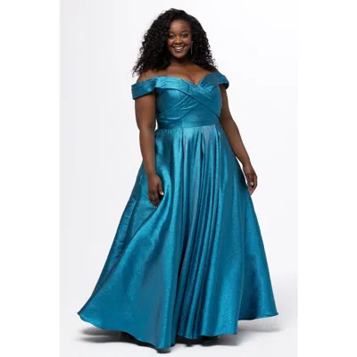 Sydney's Closet Pleated Off-the-shoulder Curvy Formal Dress In Electric Blue