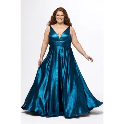 Sydney's Closet Plus Size Metallic A-line Prom Dress With Pockets In Electric Blue