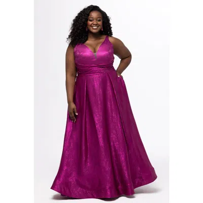 Sydney's Closet Plus Size Metallic A-line Prom Dress With Pockets In Magenta