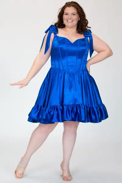 Sydney's Closet Plus Size Satin Corset Homecoming Dress With Ruffle In Blue