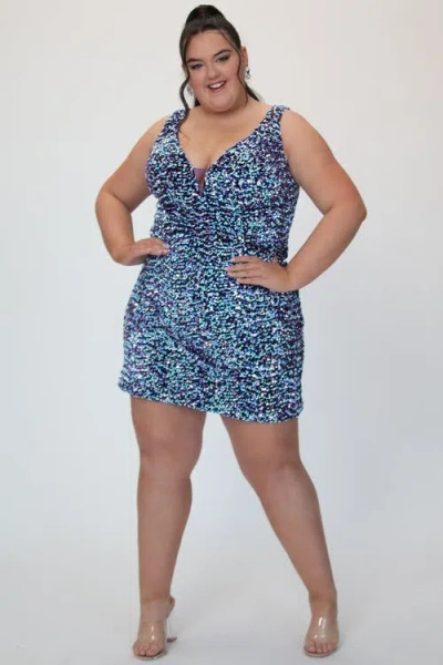 Sydney's Closet Plus Size Sequin Bra-friendly Fitted Mini Dress In Blue