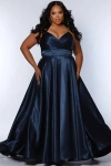 Sydney's Closet Satin A-line Sweetheart Lace-up Plus Size Evening Gown In Navy